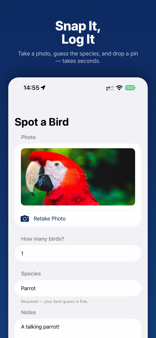 BirdSpot spot-a-bird screen with photo and species field